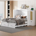 Queen Size Murphy Bed Wall Bed With Drawer And Rattan Decoration With 2 Storage Cabinets, One Set Of Sockets & Usb Ports, Pulley Structure Design, White Queen White Plywood