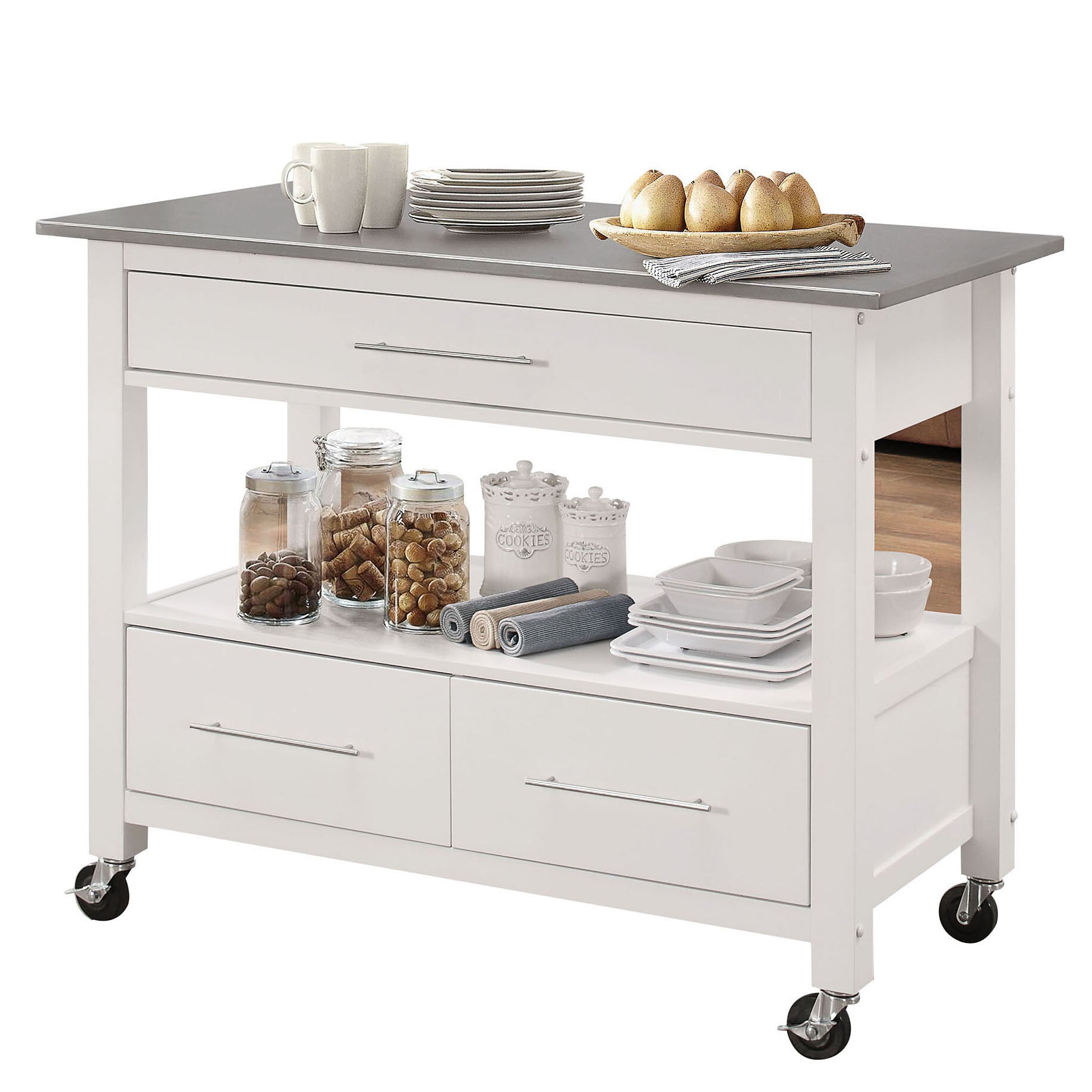 Stainless Steel And White 1 Shelf Kitchen Cart With Locking Casters White Gray Dining Room Rectangular Kitchen Carts Wood Metal Medium 40 55In