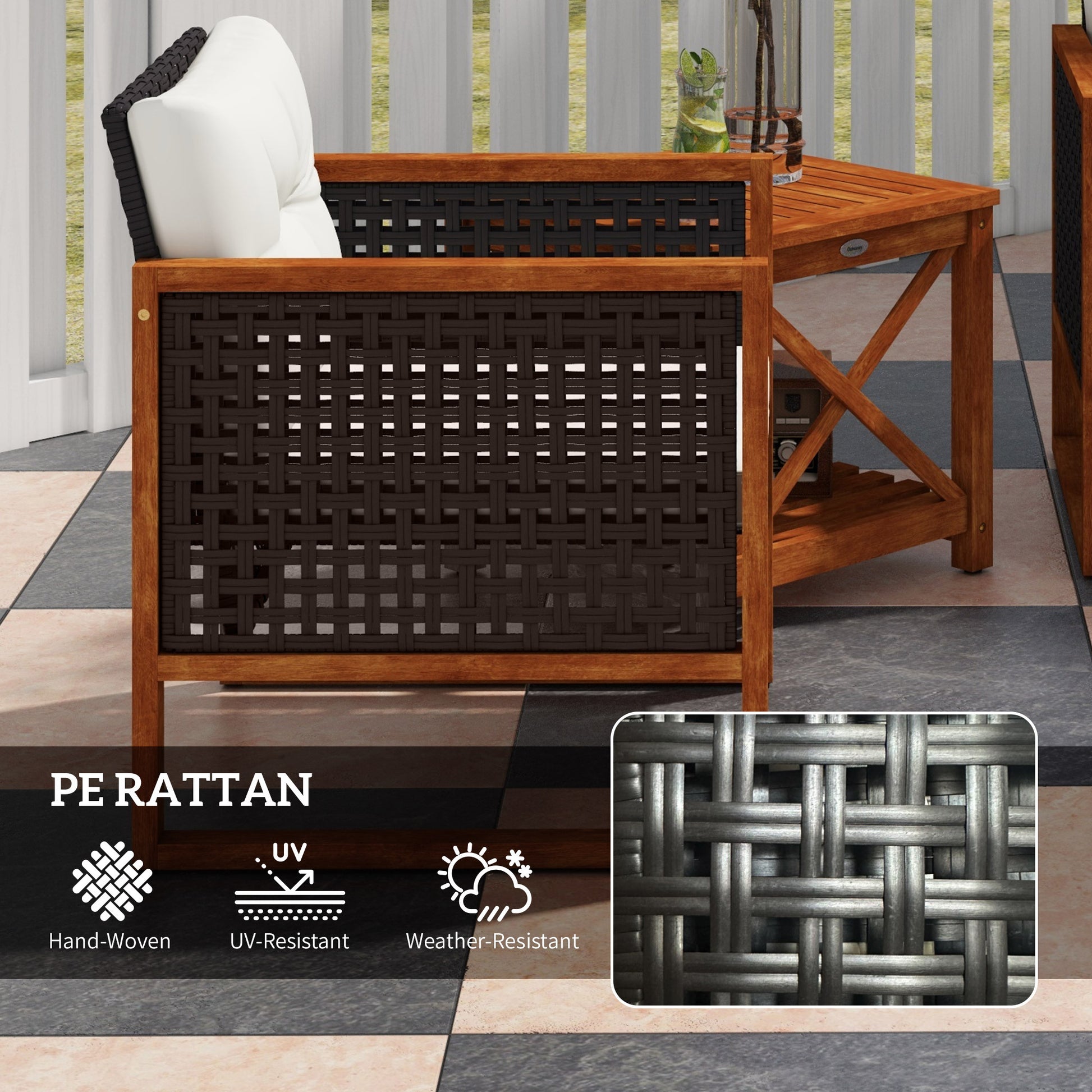 Outsunny 3 Pieces Patio Bistro Set Wooden With Cushions, Pe Wicker Patio Furniture Outdoor For Porch, Backyard, Garden, Brown Brown Rattan Metal