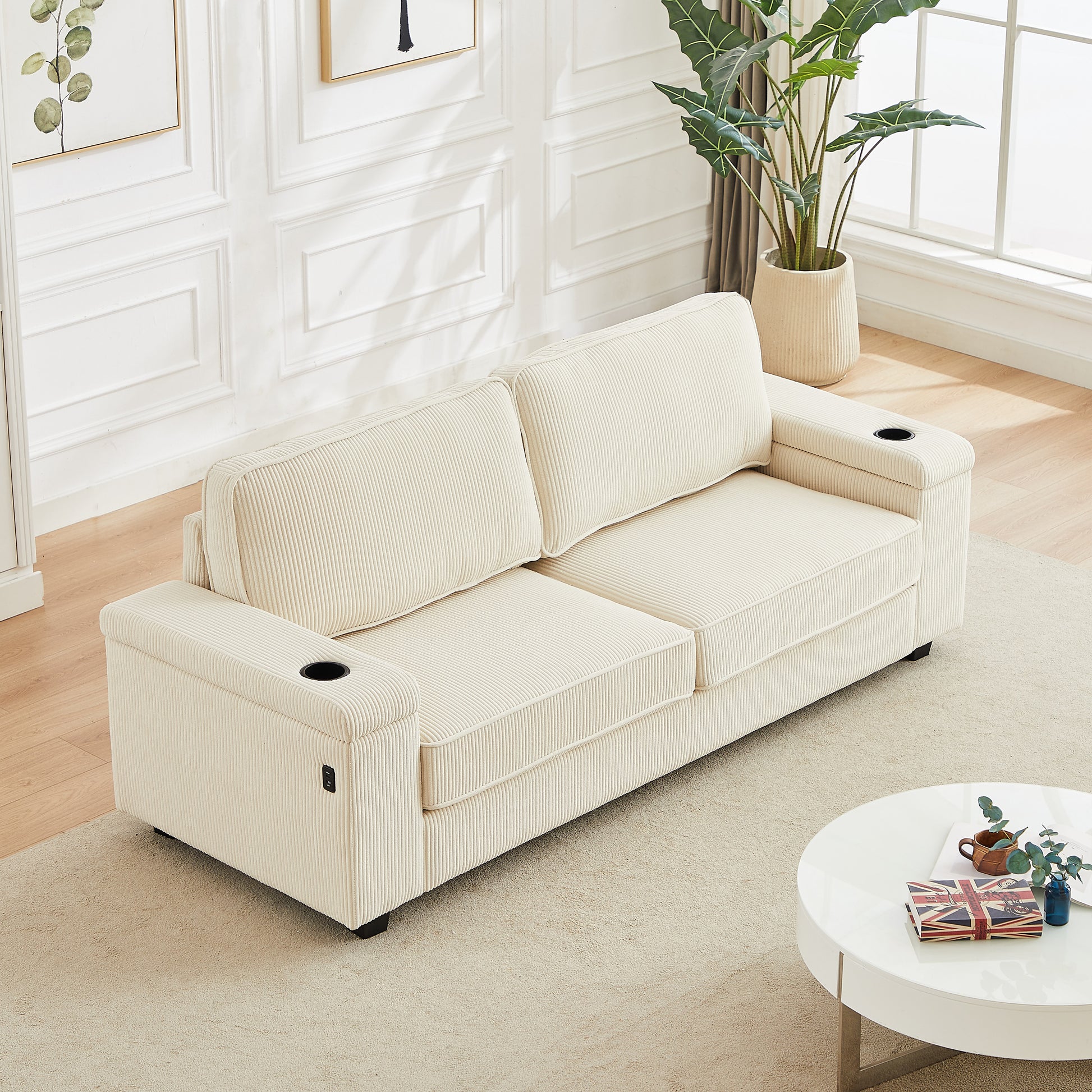 86.5 Inch Sofa Couch Deep Seat Sofa With Two Storage Spaces, T Pyce Charging Portsusb Charging Ports & 2 Cup ,Corduroy 3 Seater Couch, Modern Sofas For Living Room Beige Foam Corduroy 3 Seat