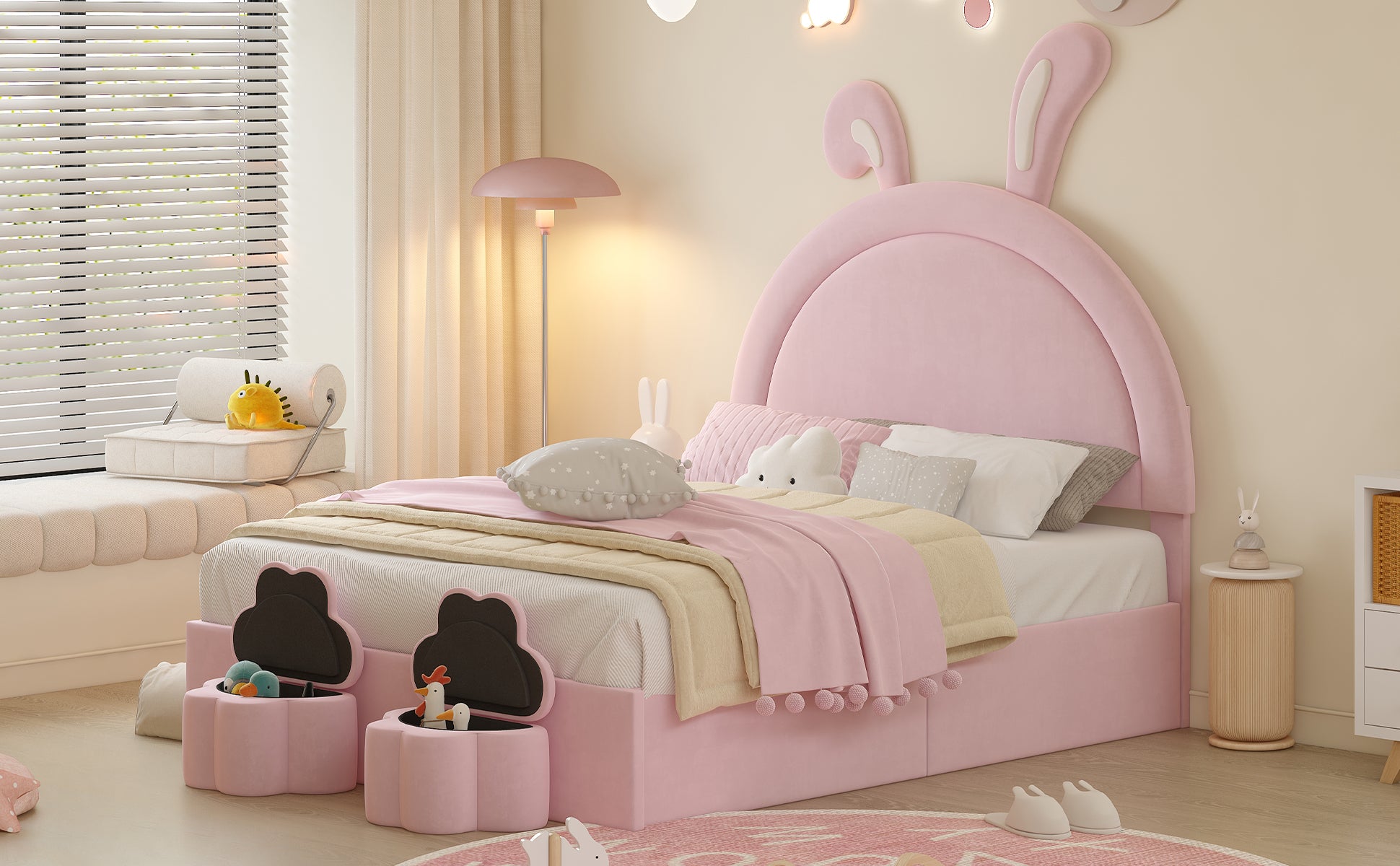Full Size Upholstered Rabbit Shape Bed With 2 Storage Stools, Velvet Platform Bed With Cartoon Ears Shaped Headboard, Pink Full Pink Wood