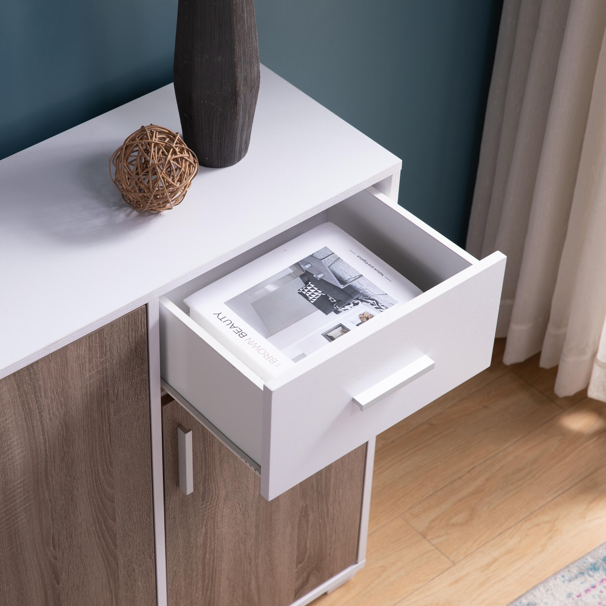 Spacious White & Dark Taupe Shoe Cabinet With 3 Doors, Drawer & Open Shelf Stylish Storage White Deep Walnut Mdf