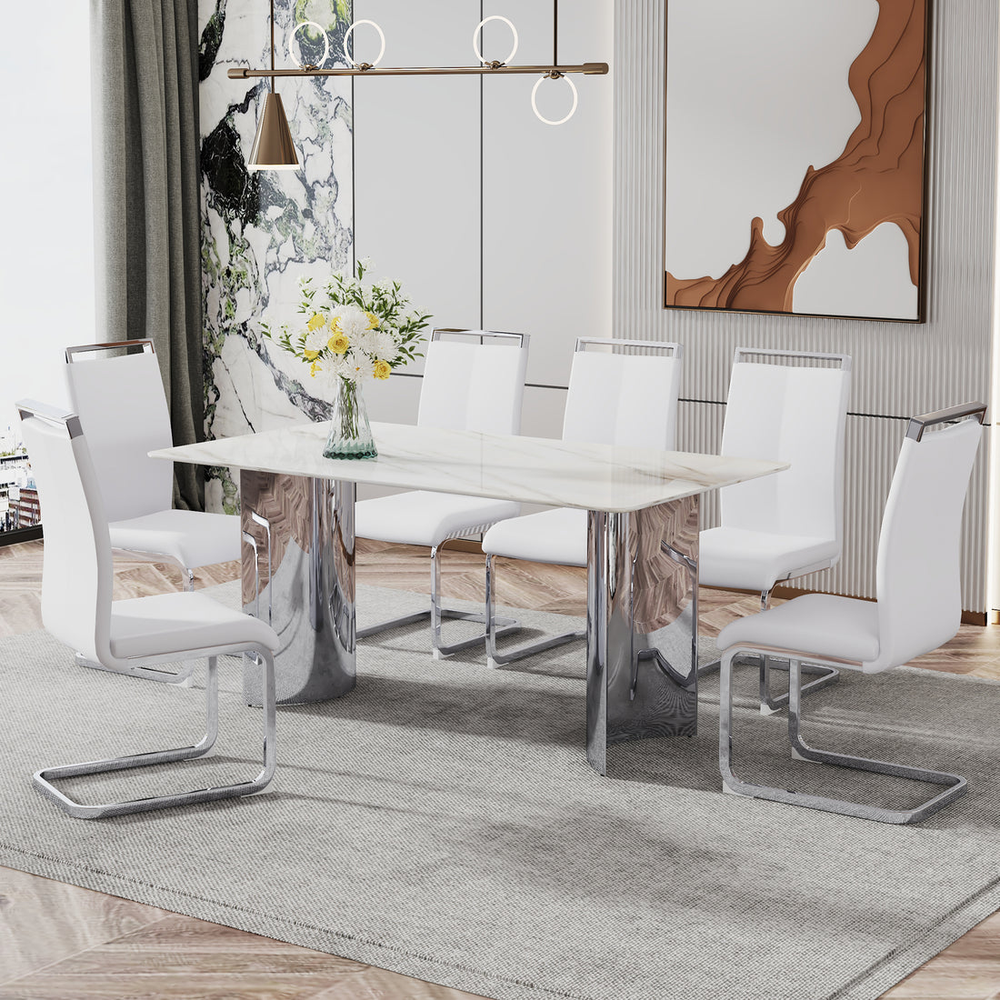 Modern Minimalist Dining Table. Imitation Marble Glass Sticker Desktop, Stainless Steel Legs, Stable And Beautiful. 6 Premium Pu Seats. 63 Inches * 35.4 Inches * 29.5 Inches Dt 69 C 1162 Silver Glass