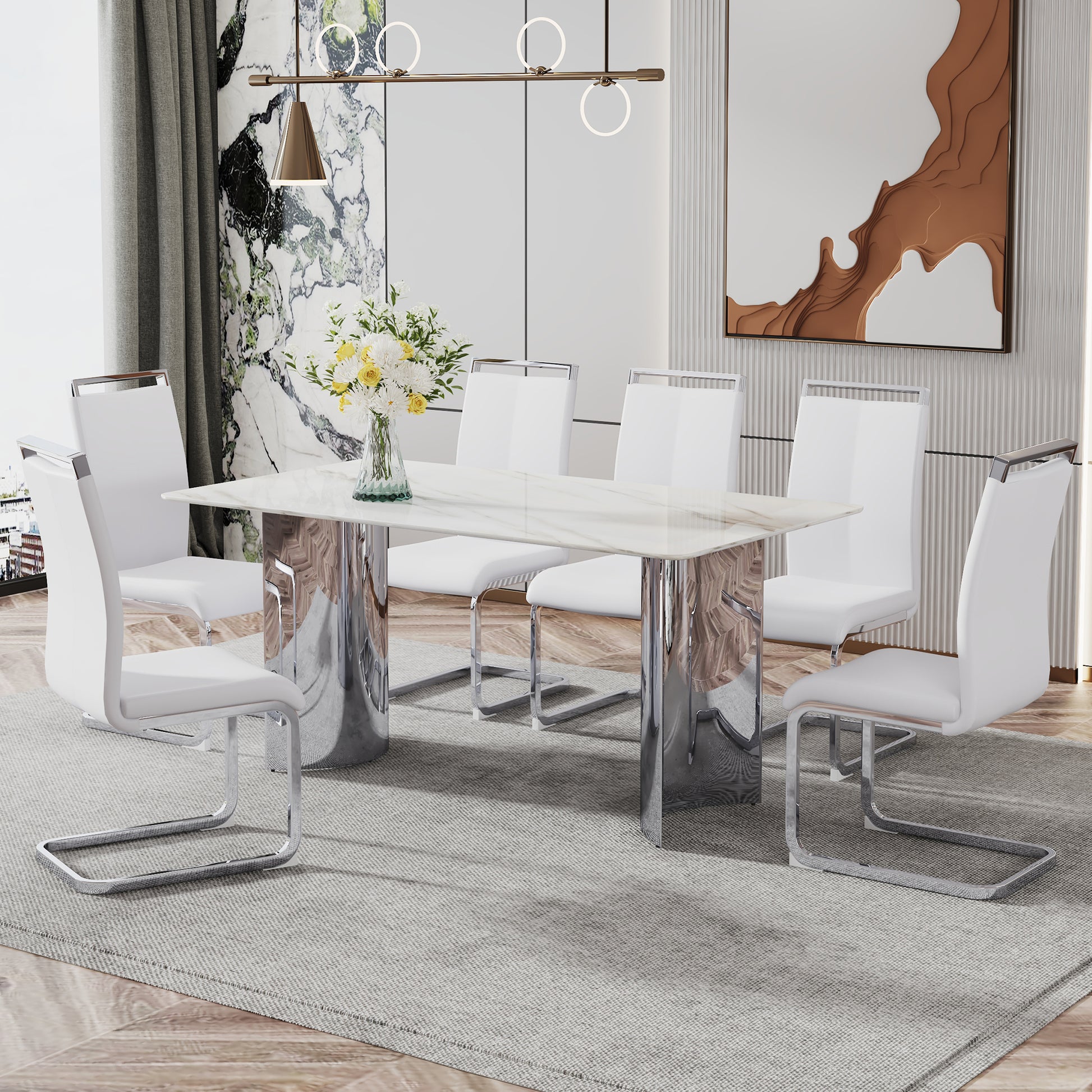 Modern Minimalist Dining Table. Imitation Marble Glass Sticker Desktop, Stainless Steel Legs, Stable And Beautiful. 6 Premium Pu Seats. 63 Inches * 35.4 Inches * 29.5 Inches Dt 69 C 1162 Silver Glass