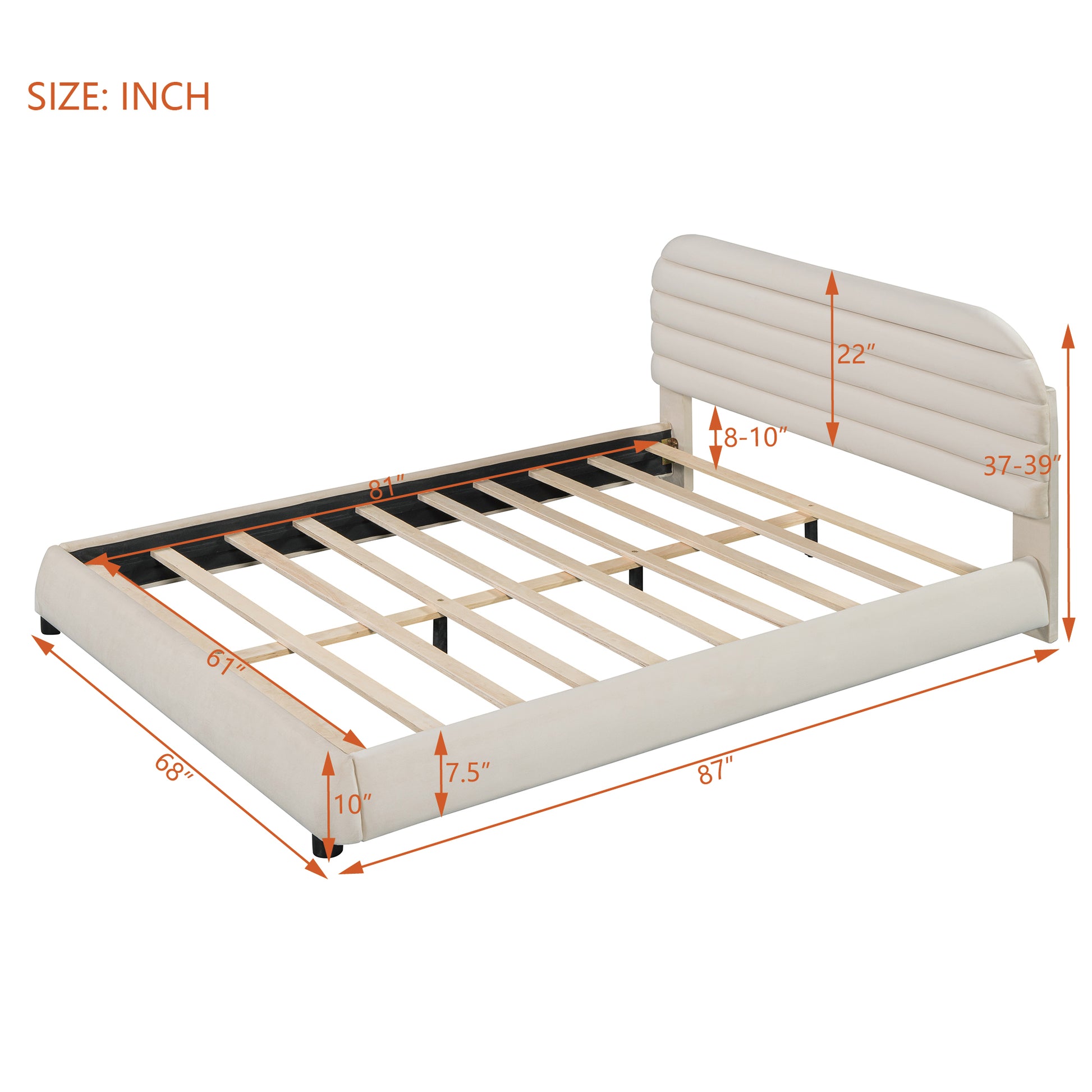 Queen Size Velvet Upholstered Platform Bed,Solid Frame And Stylish Curve Shaped Design, Beige Queen Beige Velvet
