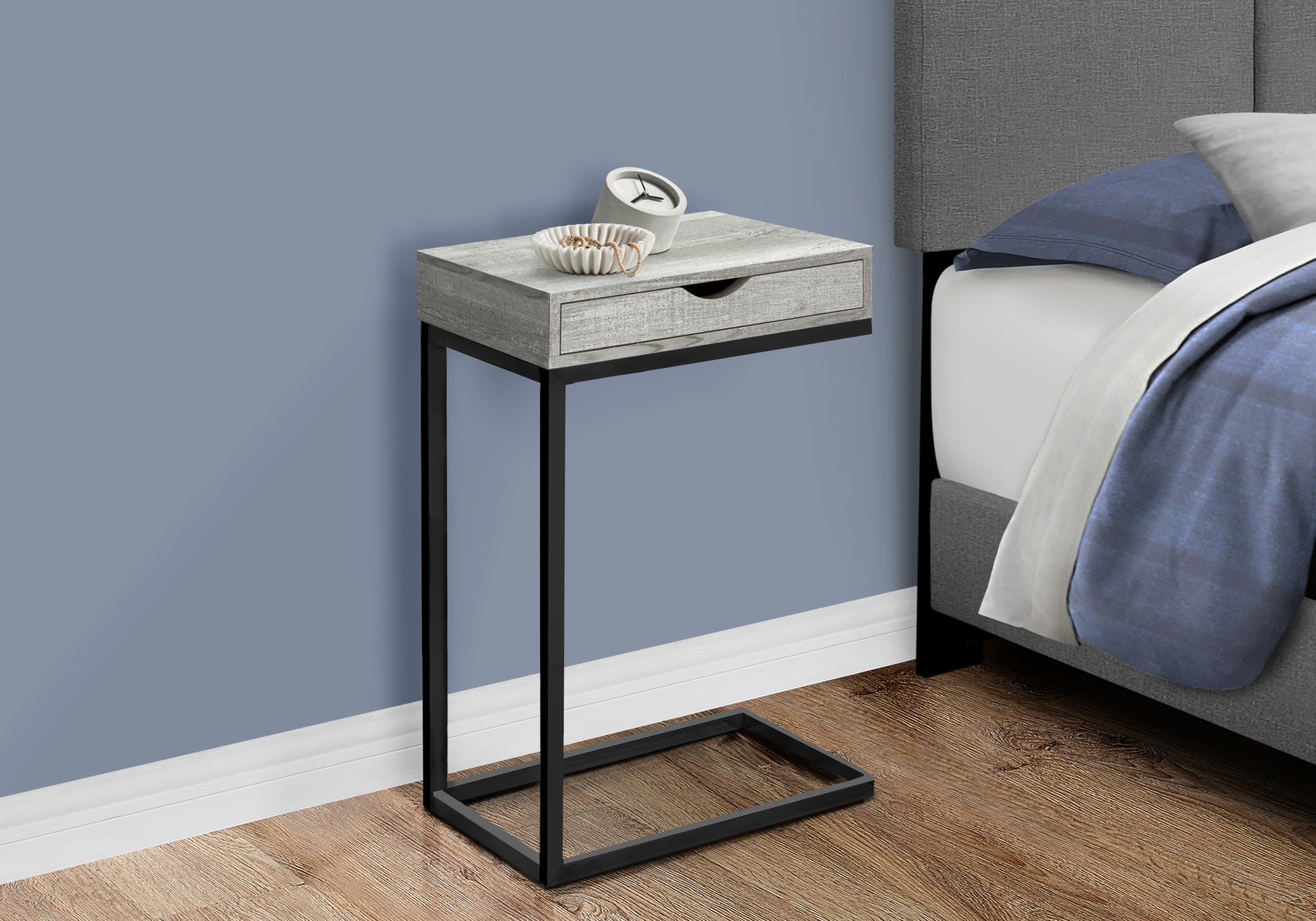 Accent Table, C Shaped, End, Side, Snack, Storage Drawer, Living Room, Bedroom, Grey Laminate, Black Metal, Contemporary, Modern Grey Particle Board