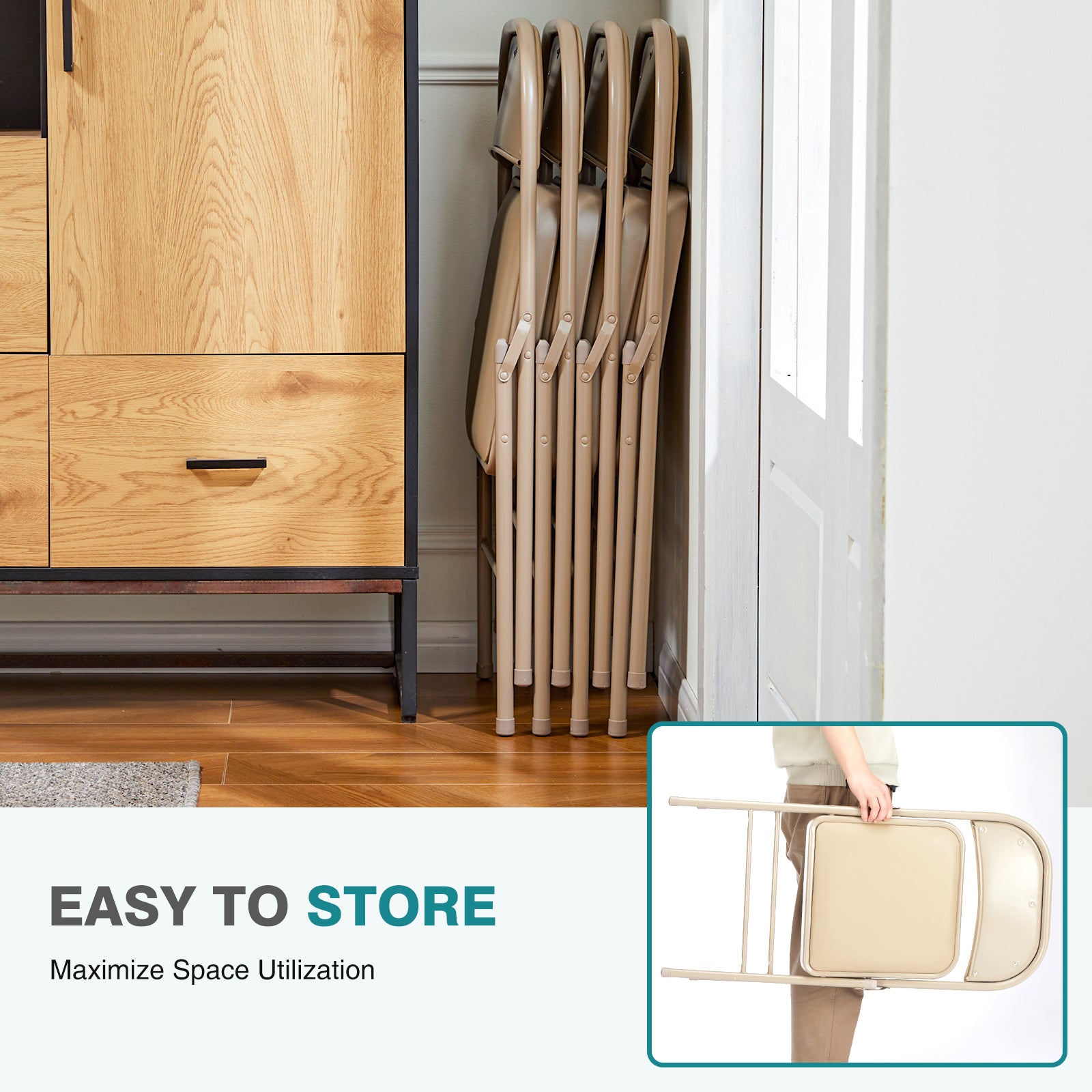 Folding Chair 2 Pack, Leather Padded Folding Chairs, Sturdy Metal Foldable Chairs, For Home, Office, Party, Khaki 2 Pack Khaki Stainless Steel