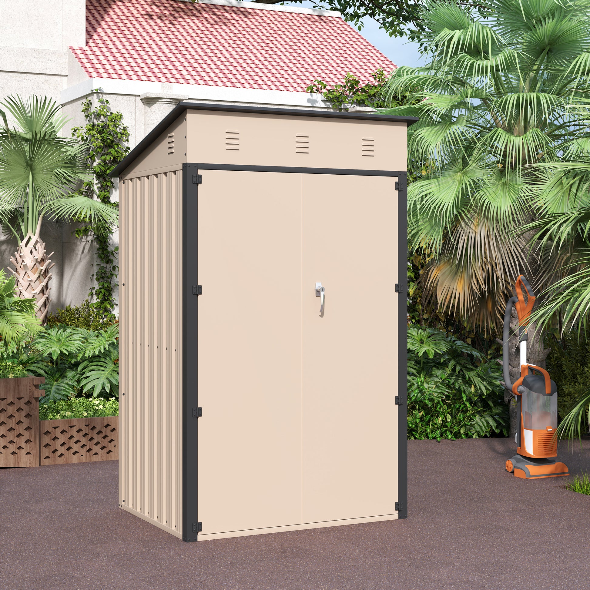 6X4X3 Ft Outdoor Storage Shed, Steel Metal Lockable Garden Shed, Tiny House, Utility Shed, Lean To Shed & Outdoor Storage, Waterproof Backyard Shed With Door For Bike, Tools, Lawnmower Antique Yellow Gray Garden & Outdoor American Design Metal