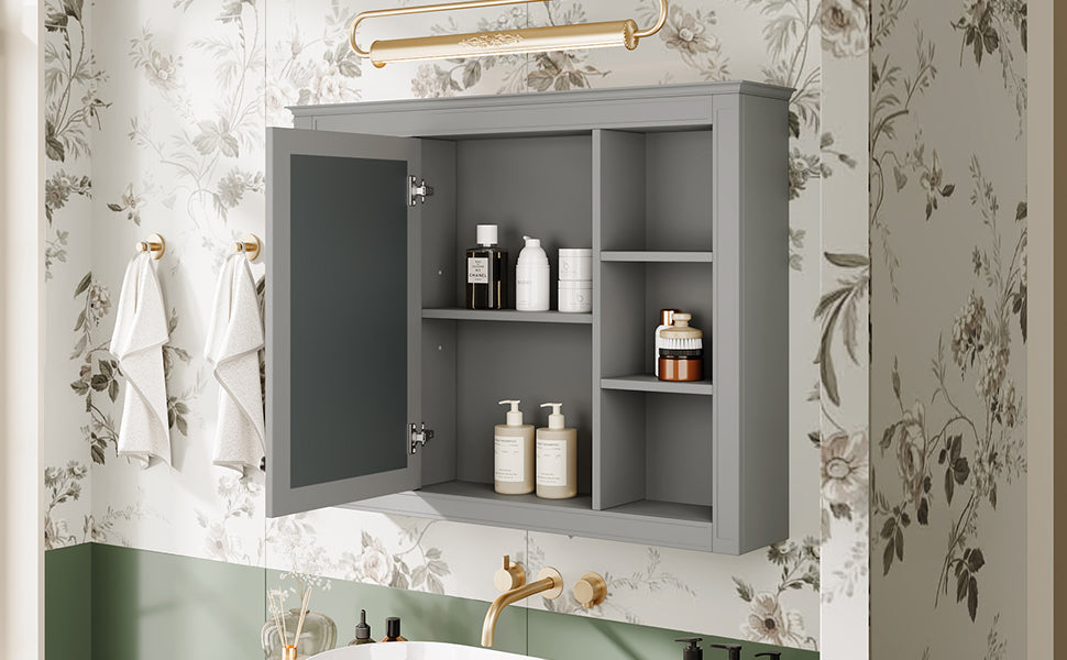 35'' X 27.5'' Medicine Cabinet, Wall Mounted Bathroom Storage Cabinet, Modern Bathroom Wall Cabinet With Mirror, Mirror Cabinet With 6 Open Shelves Not Include Bathroom Vanity Grey 1 5 Mirror Included Bathroom Wall Mounted Mdf Painted