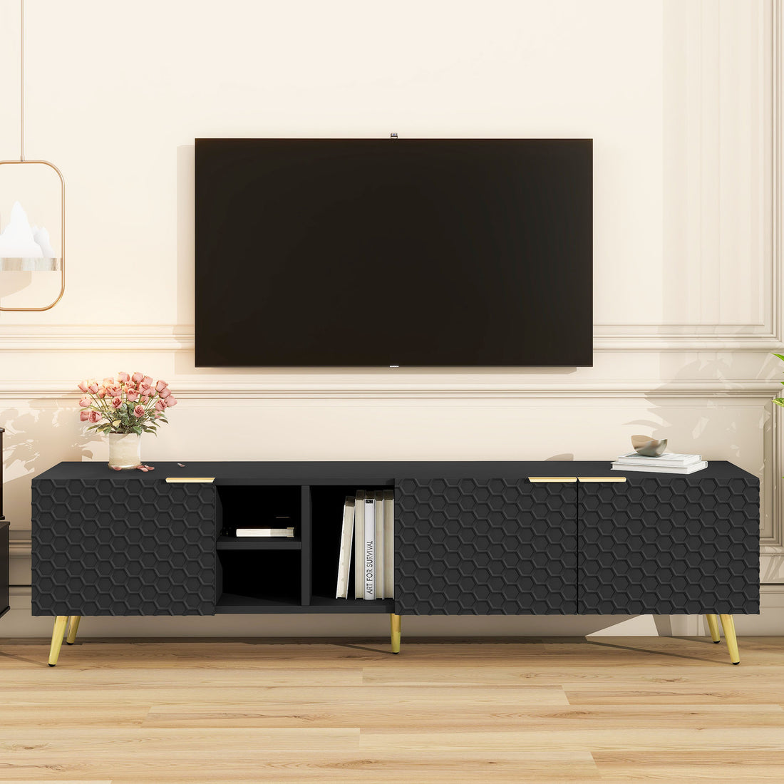 Modern Minimalist Geometric Tv Cabinet With Metal Handles And Gold Legs For Tvs Up To 80'', Multi Functional Tv Stand With Storage Cabinets, Entertainment Center For Living Room, Black Black Gold Primary Living Space 80 89 Inches 80 89 Inches 80 Inches