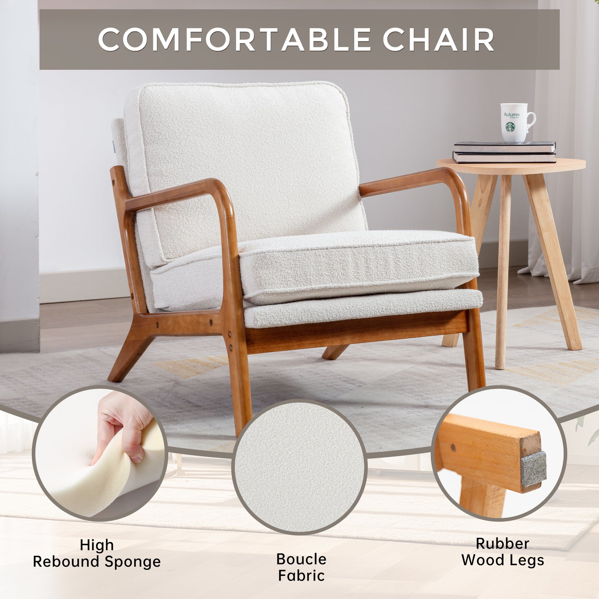Coolmore Mid Century Modern Accent Chair, Comfy Fabric Living Room Chairs With Solid Wood Frame, Lounge Reading Armchair, Easy Assembly Beige Beige Primary Living Space Foam Boucle