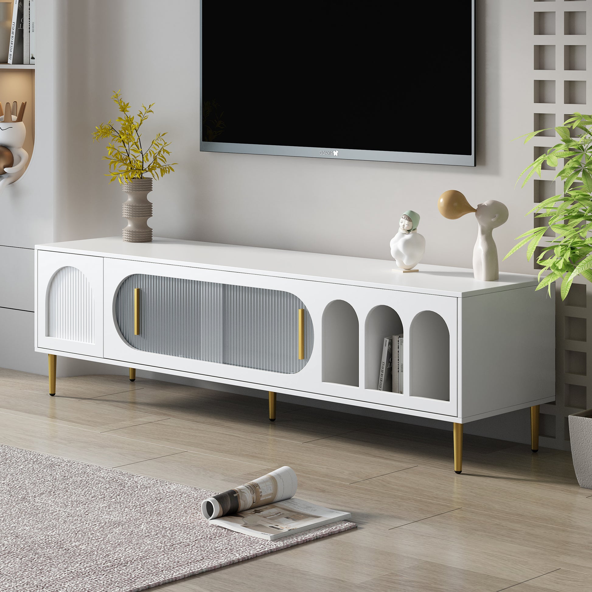 Modern Tv Stand For Up To 70 Inch Tv, Entertainment Center Tv Media Console Table, With 3 Shelves And 2 Cabinets, Tv Console Cabinet Furniture For Living Room Old Sku: Wf314645Aak White 60 69 Inches Mdf