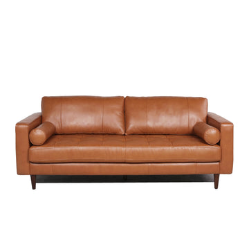 Mid Century Tufted Leather Sofa Cognac Leather 3 Seat