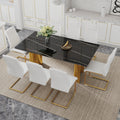 Table And Chair Set.The Table Has A Glass Tabletop With Imitation Marble Pattern Stickers And Stainless Steel Golden Table Legs. Paried With Comfortable Chairs With Pu Seats And Metal Legs. Gold Black Seats 8 Glass Metal