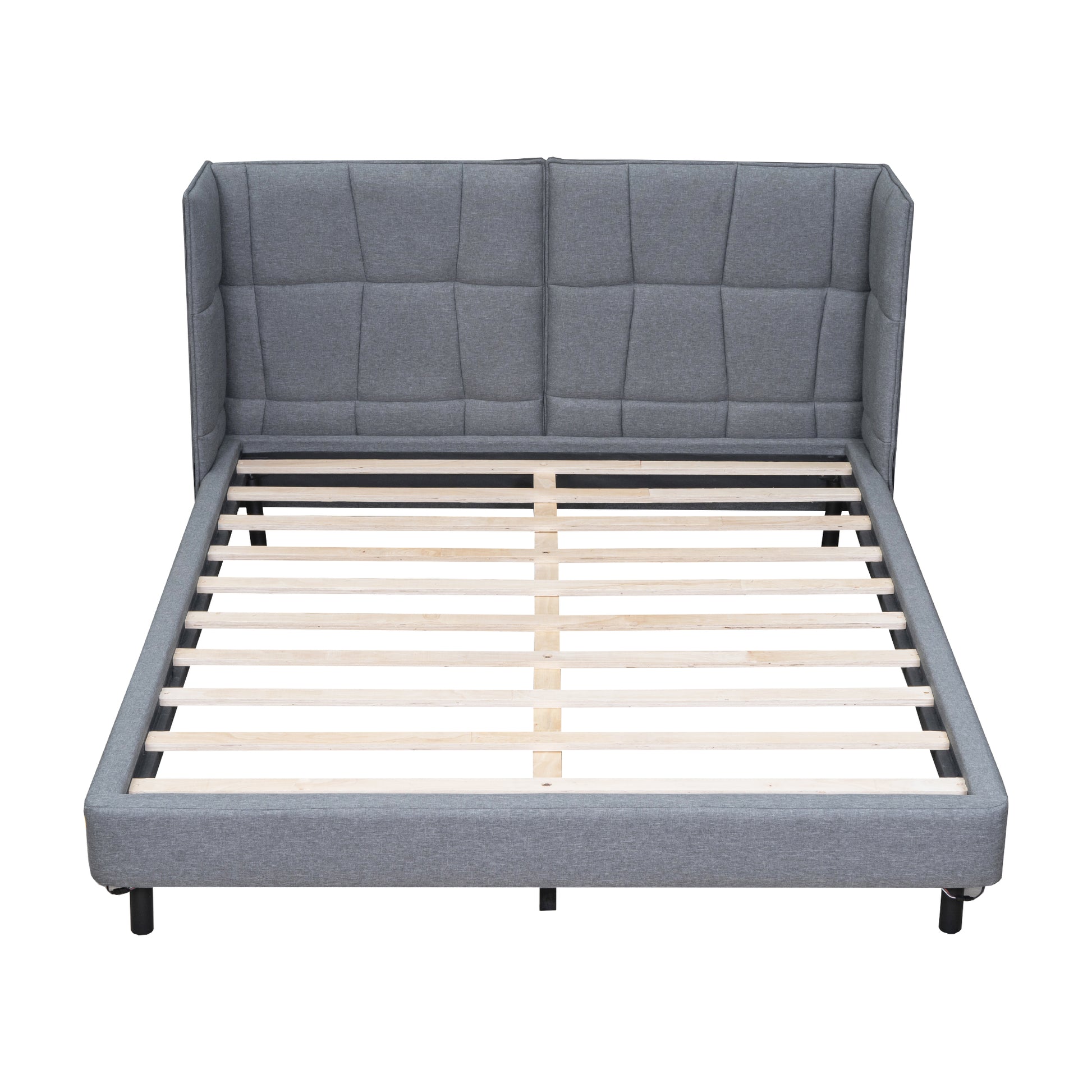 Queen Size Upholstered Platform Bed With Led Lights And U Shaped Headboard, Linen Fabric, Gray Queen Gray Wood Metal