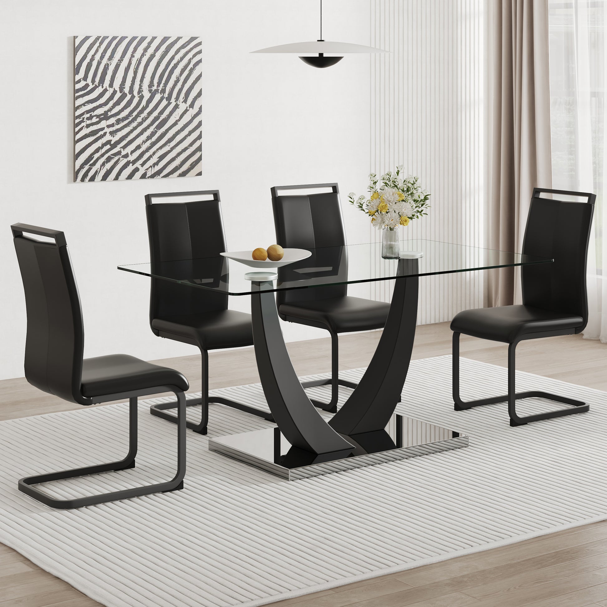 Table And Chair Set.Large Rectangular Glass Dining Table, 0.39 "Tempered Glass Countertop And Black Metal Shaped Bracket.Comes With Chairs With Faux Leather Cushions.Suitable For Kitchen, Dining Room. Black Seats 4 Glass Metal