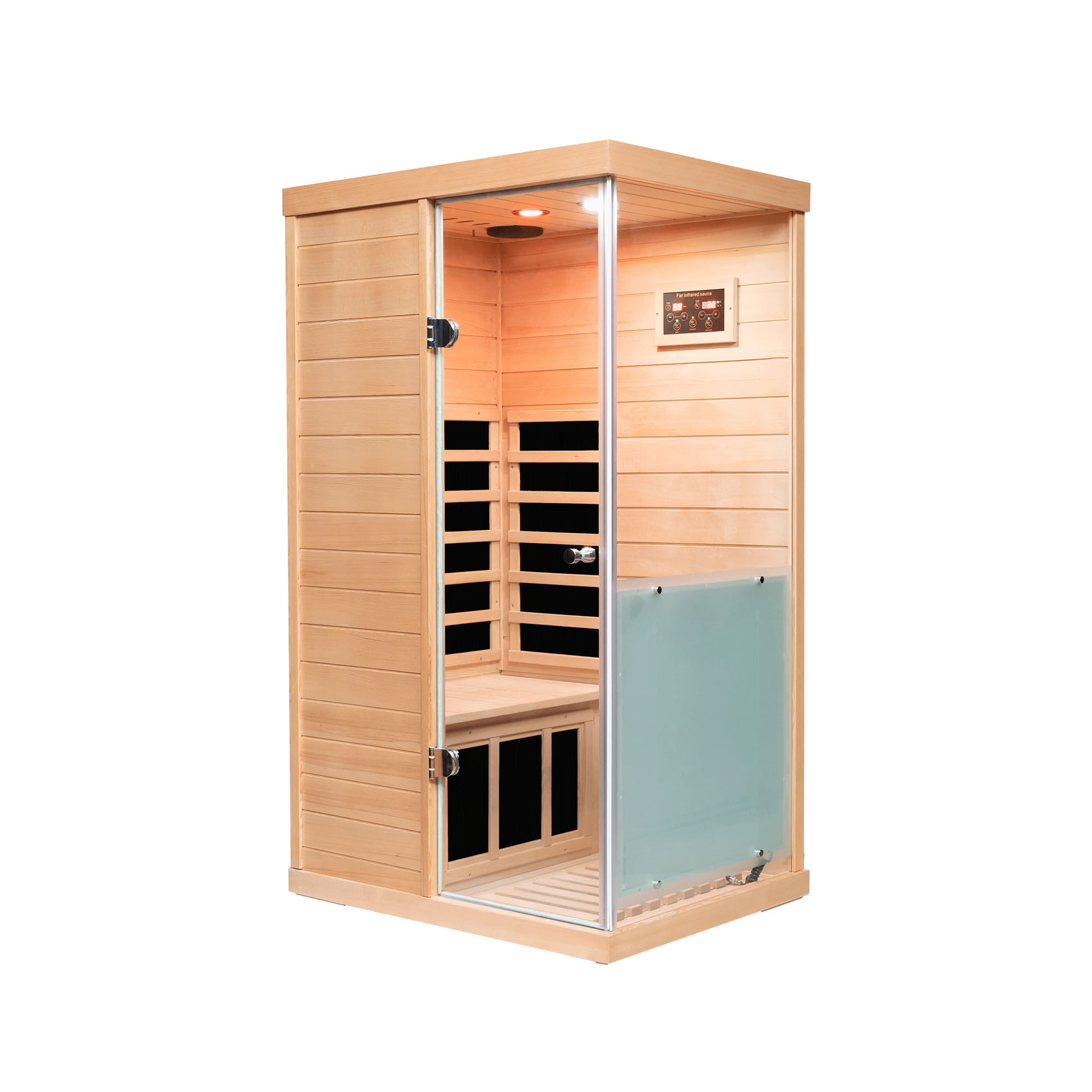 Large Glass Mini Hemlock Sauna With Right Door Opening Natural Wood Metal & Wood