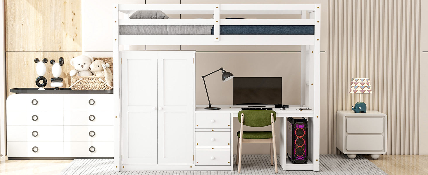 Twin Size Loft Bed With Wardrobe, Desk And Storage Drawers, White Twin White Pine
