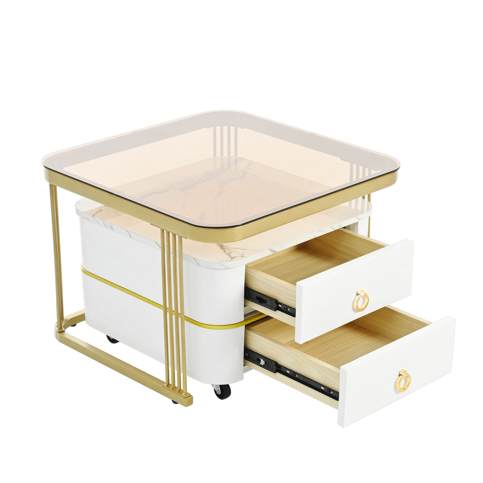 2 In 1 Square Nesting Coffee Table With Wheels & Drawers, Stackable Side Table With High Gloss Marble Grain Top, End Table Set With Brown Tempered Glass For Living Room, White White Gold Primary Living Space Drawers Square Mdf Steel