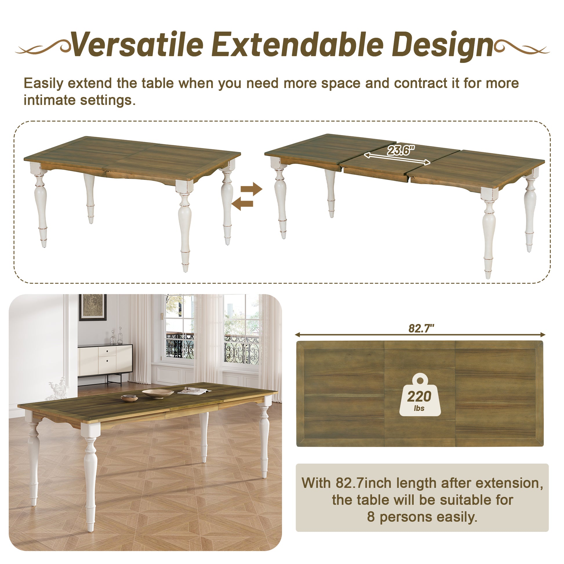 Vintage Traditional 7 Piece 82.7Inch Extendable Dining Table Set With 23.6Inch Removable Leaf, 4 Serrated Back Chairs And 2 Upholstered Back Dining Chairs For 6, Cream Brown Wood Dining Room Distressed Finish Rubberwood Rectangular Dining Table With