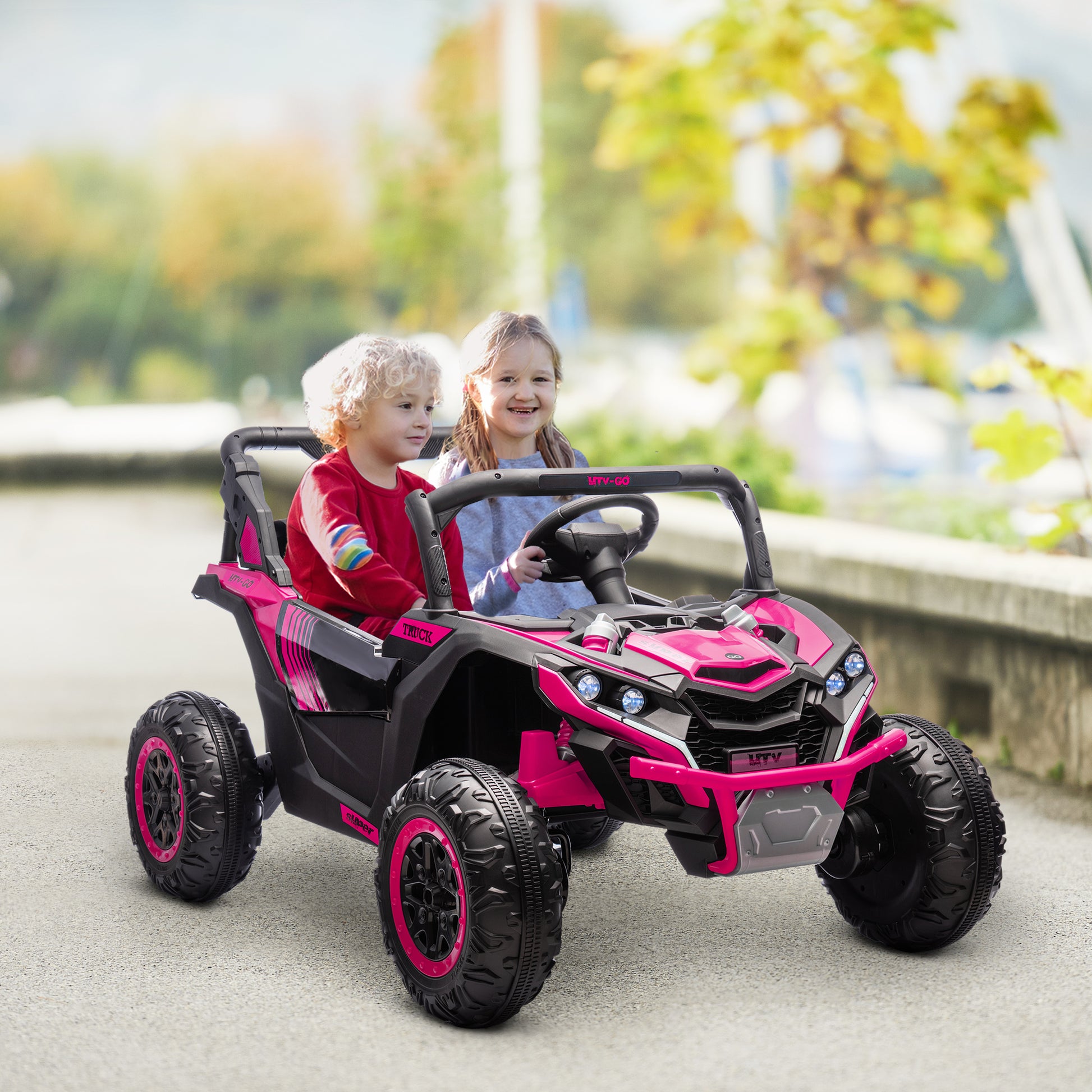 Qaba 24V 7Ah Ride On Utv, 2 Seater 4Mph Kids Electric Car Ride On Battery Powered Toy With 4 Shock Absorbers, Music Horn And Led Lights, For Toddlers 3 8 Years, Pink Pink Plastic