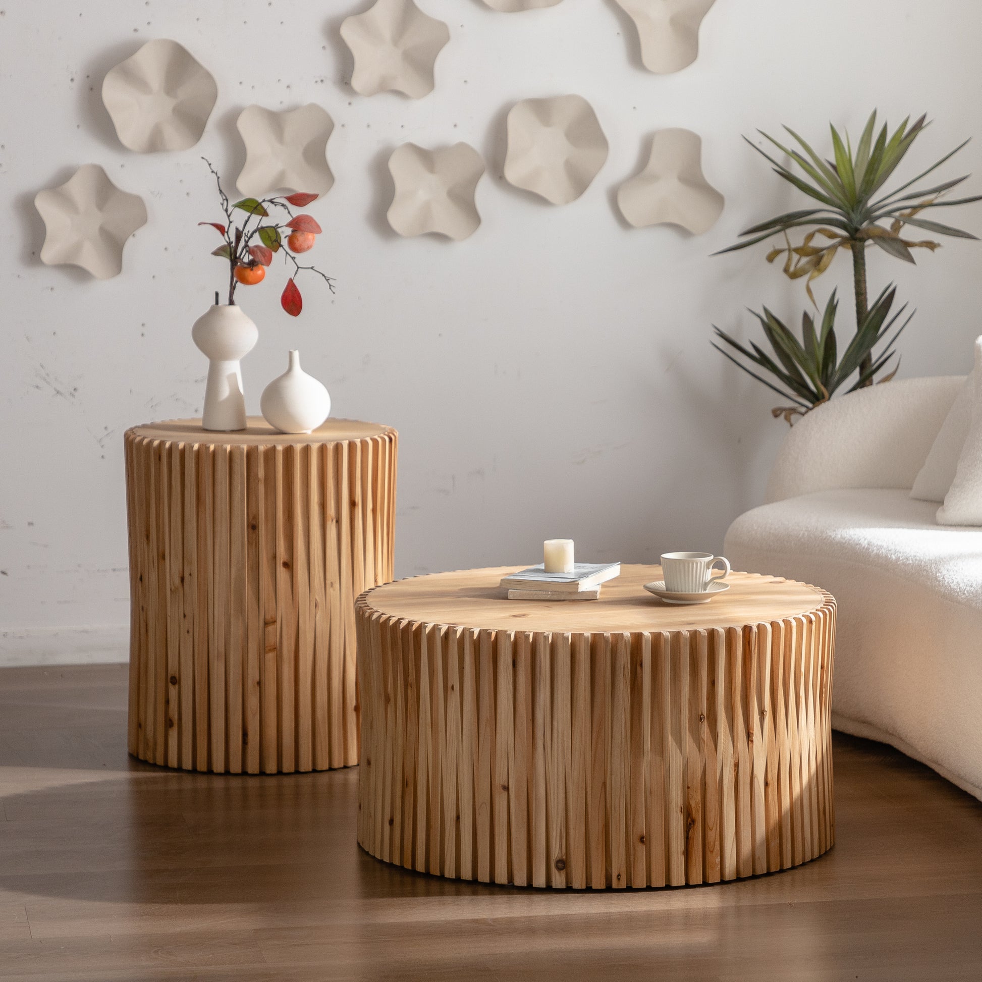 Retro Fashion Style Cylindrical Coffee Table With Vertical Texture Relief Design,Suitable For Living Room,Office,And Dining Room Set Of 2 Natural Mdf