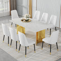 Table And Chair Set.The Table Has A Glass Top With Imitation Marble Pattern Stickers And Stainless Steel Golden Legs. Paried With Chairs With Pu Artificial Leather Backrest Cushions And Black Legs. White Gold Seats 8 Glass Metal