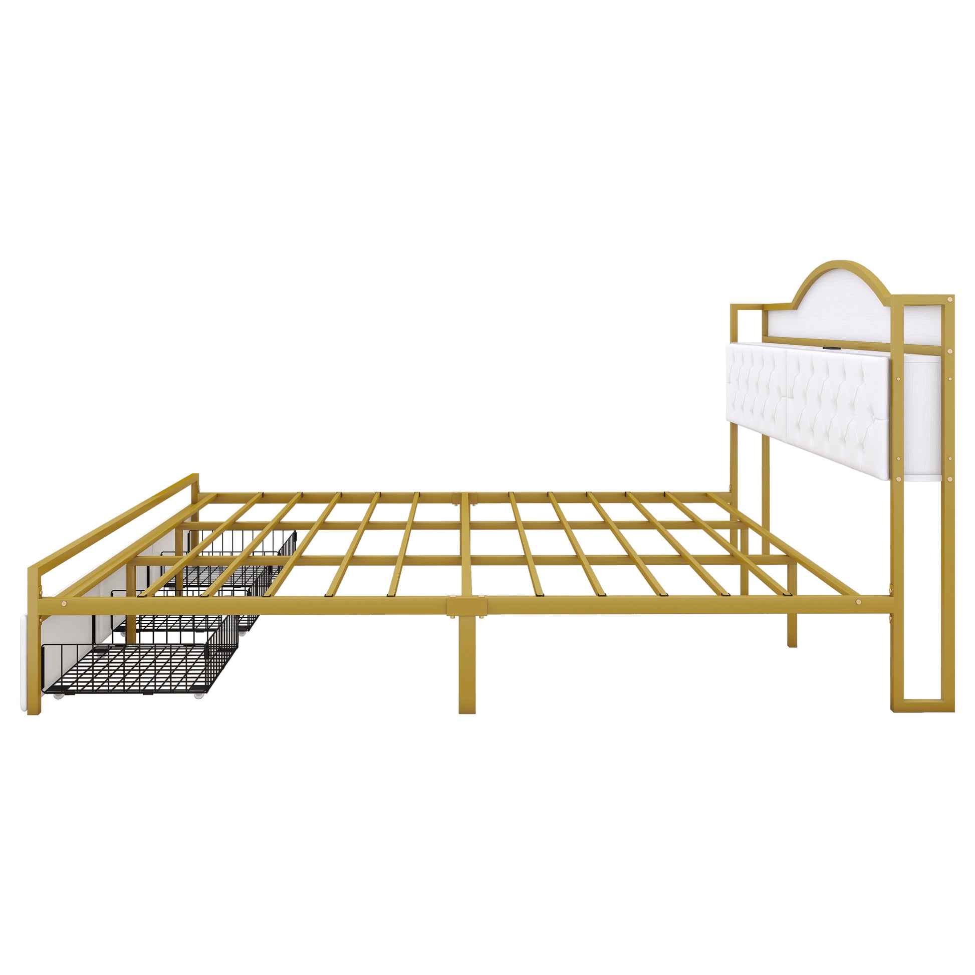 Metal Platform Bed With 3 Drawers, Storage Headboard, King, Gold King Gold White Fabric Metal