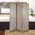 3 Panel Wooden Screen With Pearl Motif Accent, Brown And Silver Oak Silver Solid Wood