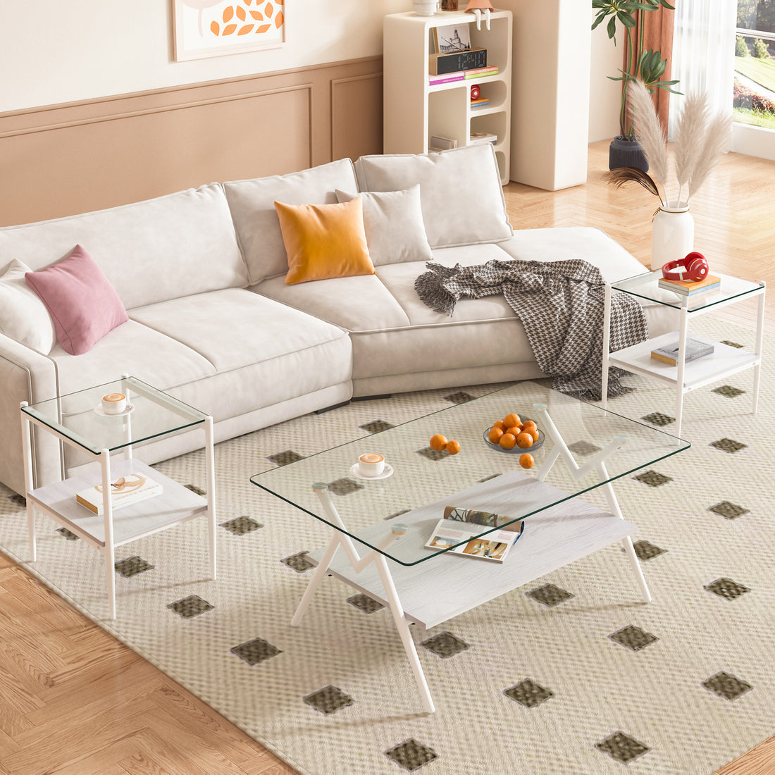 Coffee Table And End Tables Set Of 3, Tempered Glass Table With Mdf Layer, Modern Tables For Living Roomtransparent Glass Transparent Tempered Glass