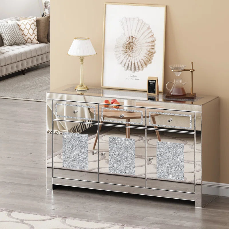 53.15'' Mirrored Glass Sideboard With 3 Drawers 3 Doors Silver Dining Room Luxury,Modern Cabinets Included Mdf Glass,Mirror