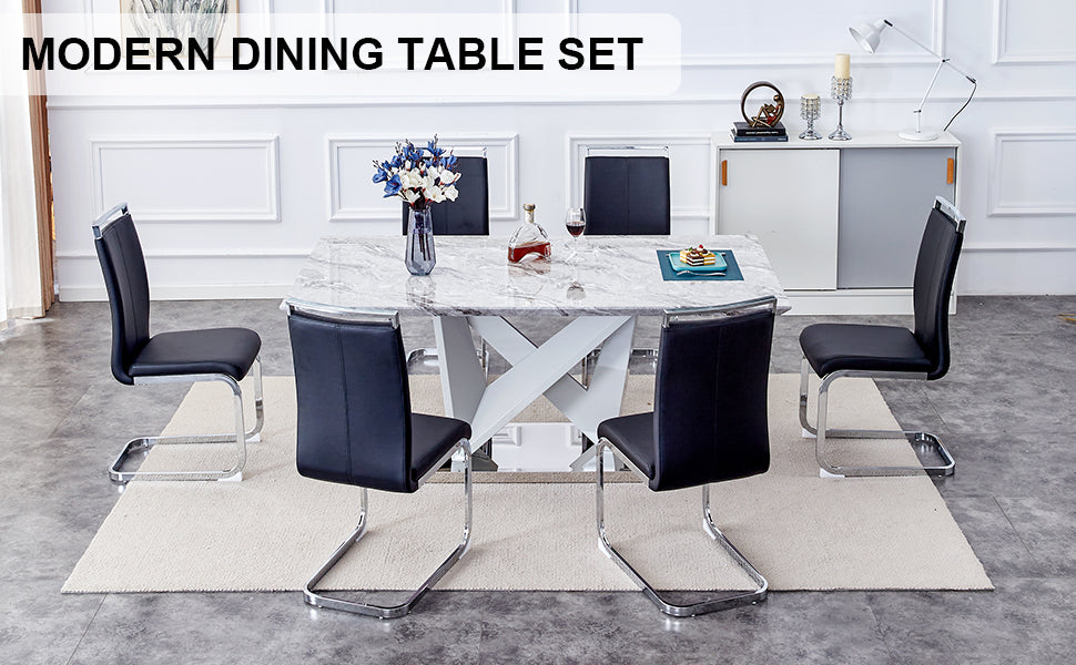 1 Table And 6 Chairs Set.Modern Grey Mdf Faux Marble Dining Table With Double V Shaped Supports.Paired With 6 Modern Pu Artificial Leather Soft Cushion With Silver Metal Legs.F Vv,C 1162 Gray Seats 6 Mdf Metal