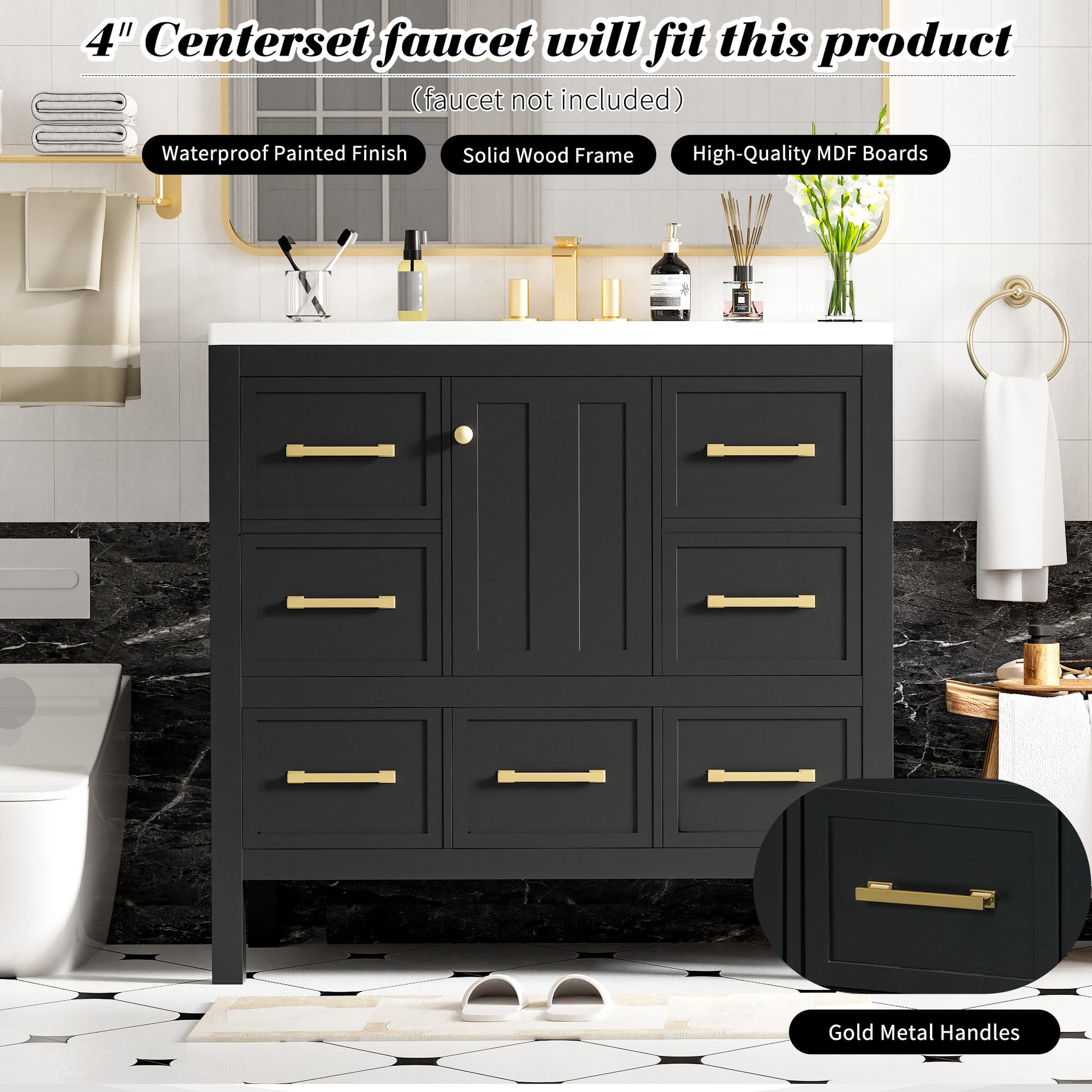 36'' Bathroom Vanity With Resin Sink Combo, Solid Wood Frame Bathroom Storage Cabinet, Freestanding Vanity Set With 5 Drawers& Soft Closing Doors Same As Sw000142Aab Black Bathroom Solid Wood Mdf Resin