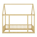 Full Size Floor Wooden Bed With House Roof Frame And Safety Guardrails ,Natural Full Natural Pine