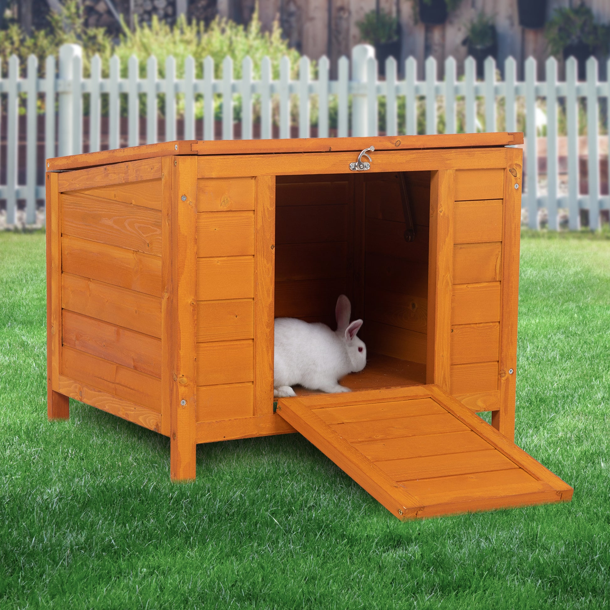 Small Wood Rabbit Hutch Bunny Cage, Raised Cat House With Ladder For Small Animals Orange Wood