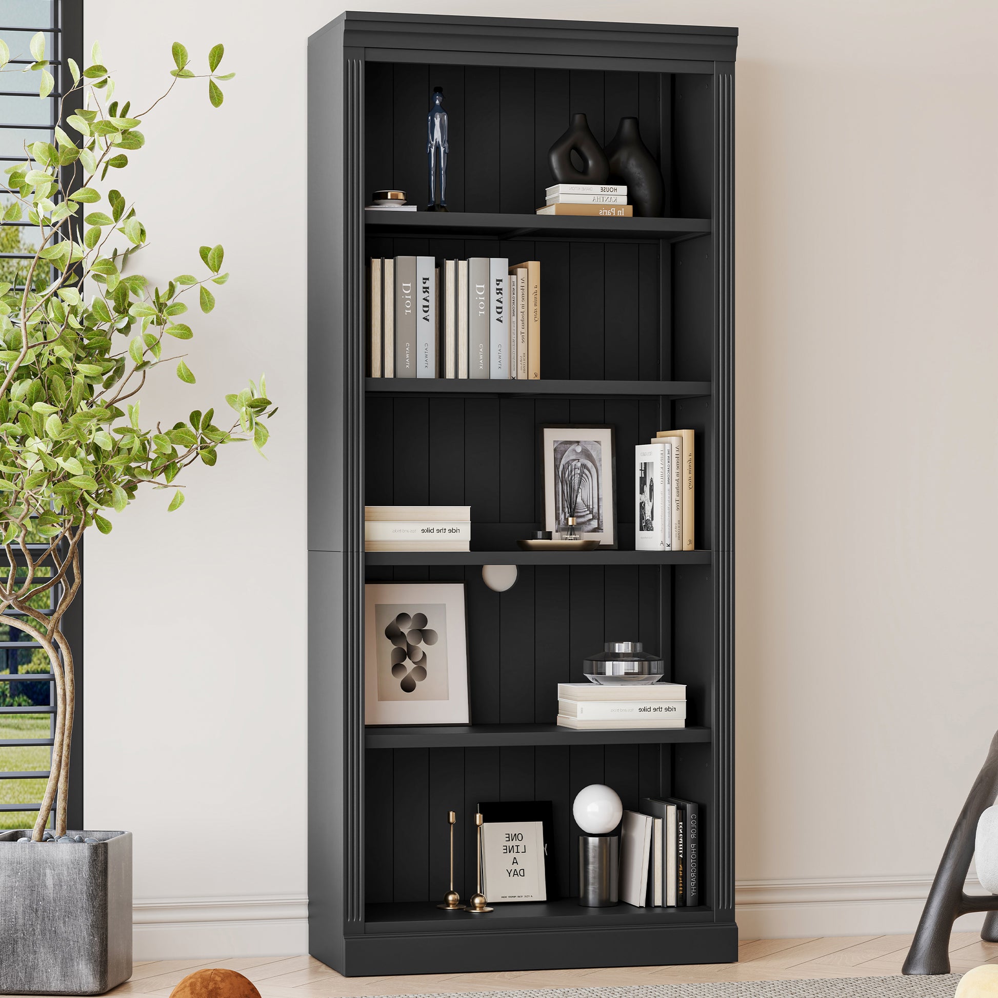 83" Tall Wood Bookcase,5 Tier Home Decor Bookshelves With Adjustable Storage Shelves,Storage Organizer For Cds Books Movies,Free Standing Storage Shelves For Living Room,Home Office,Black Black Solid Wood Mdf