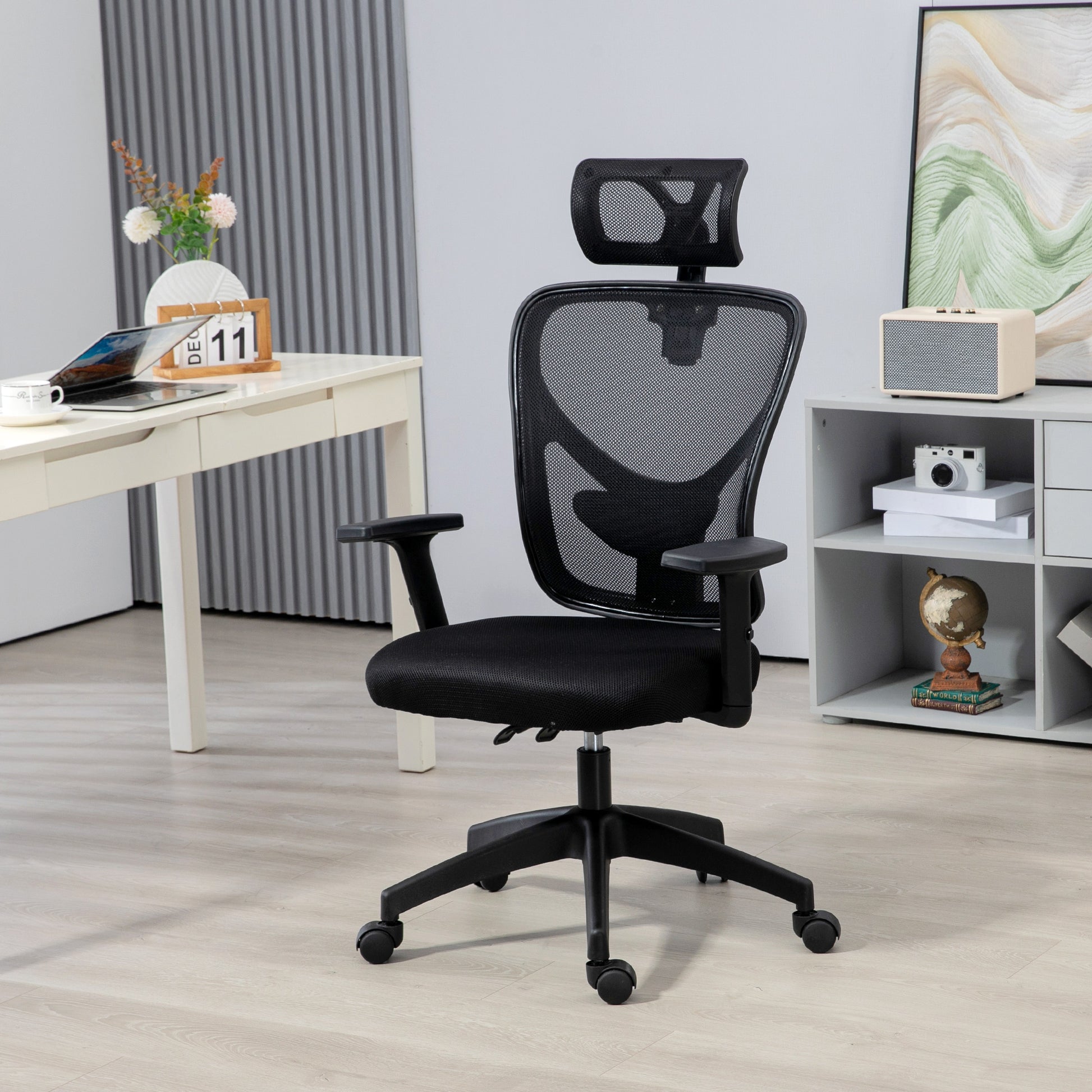 Vinsetto High Back Ergonomic Computer Home Office Chair, Mesh Task Chair With Lumbar Back Support, Reclining Function, Adjustable Headrest, Arms And Height, Black Black Polyester