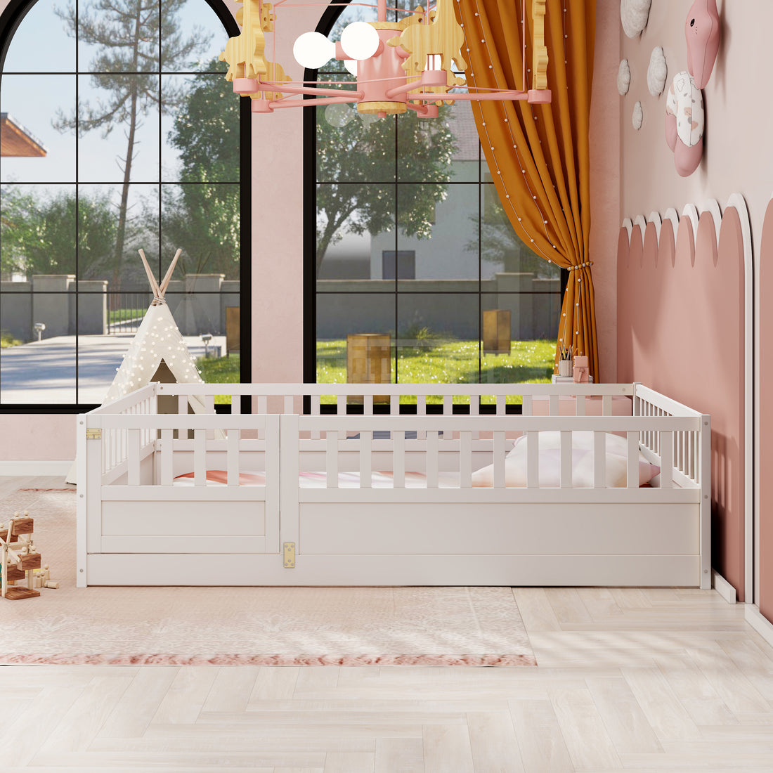 Full Size Floor Bed, Integral Construction With Super High Security Barrier, Door, Children'S Floor Bed Frame, Montessori Wooden Children'S Floor Bed, White Box Spring Required Full White Wood Brown