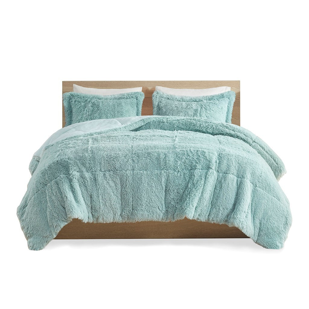 Shaggy Long Fur Comforter Mini Set Queen Blue Polyester