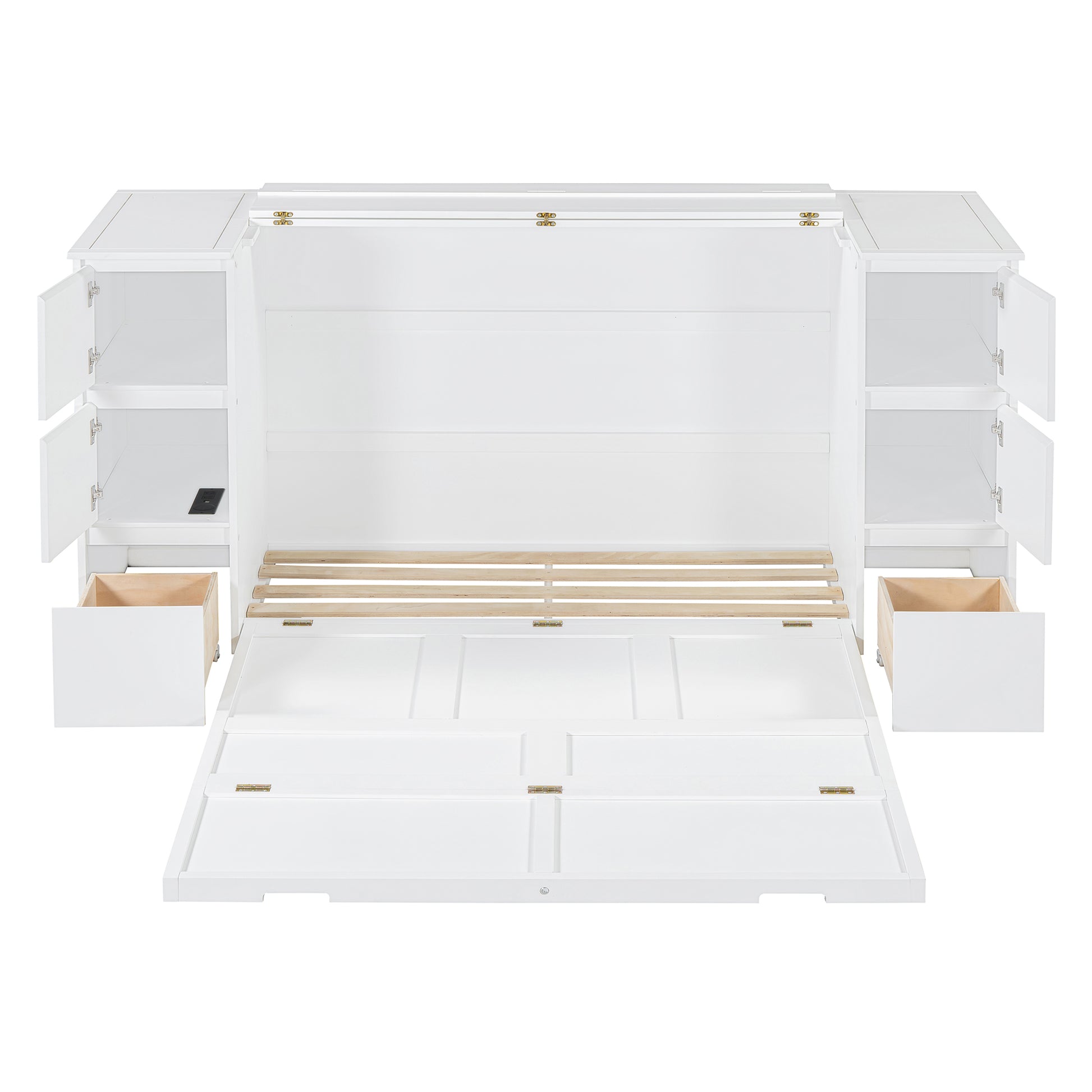 Full Size Murphy Bed With Drawers, Cabinets And Usb Ports,White Full White Mdf Lvl