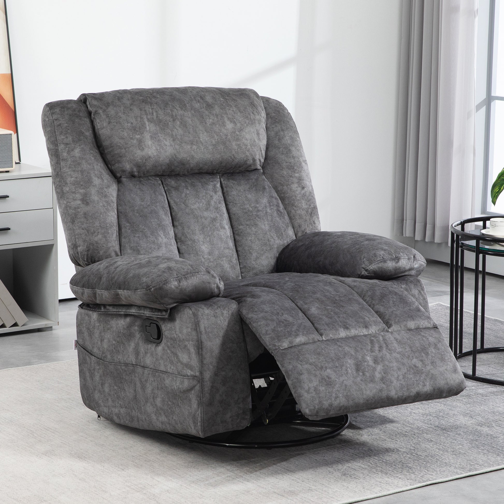 Homcom Swivel Rocker Recliner Chair For Living Room, Fabric Reclining Chair For Nursery, Rocking Chair With Footrest, Side Pockets, Charcoal Gray Charcoal Grey Polyester
