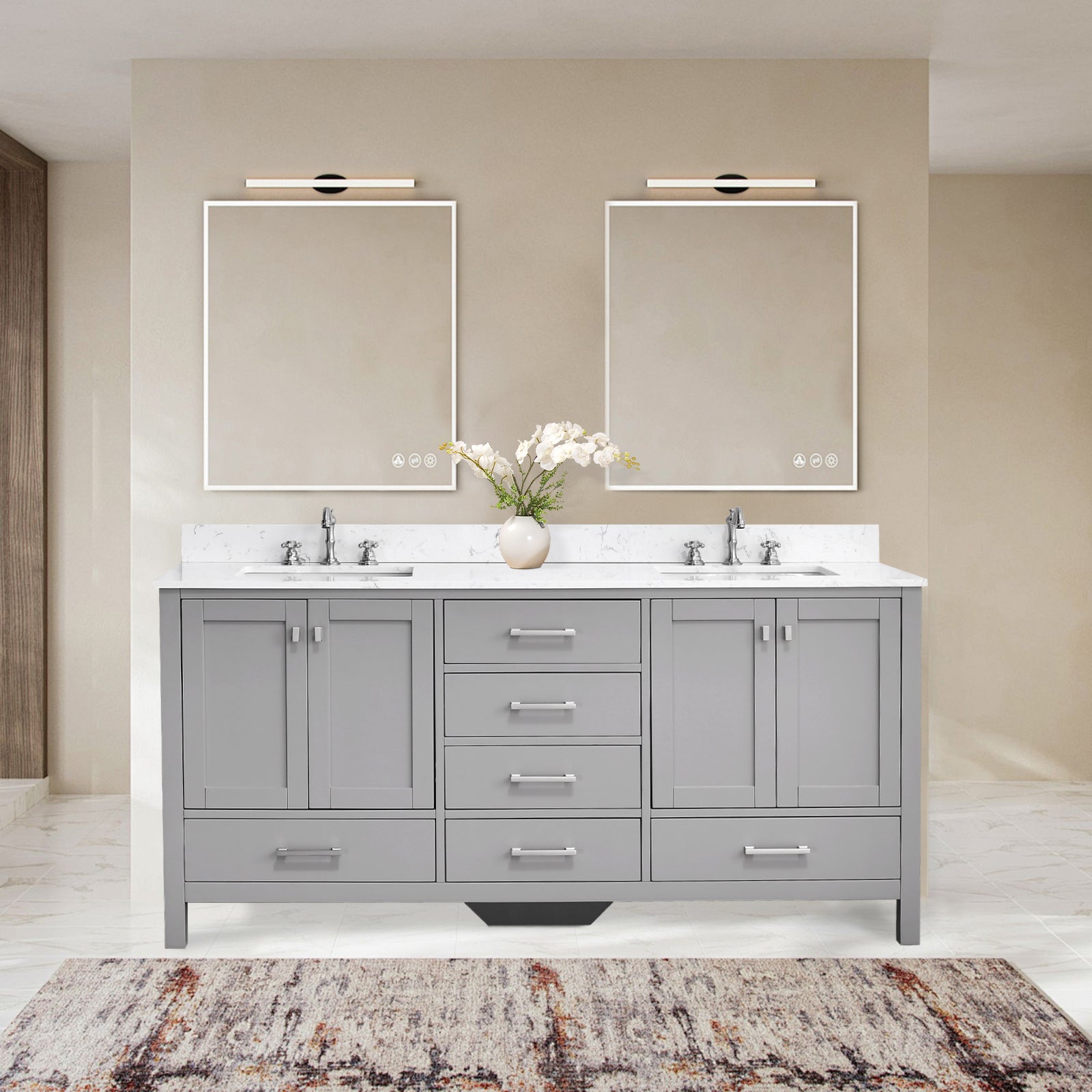 72"X 22" Bathroom Stone Vanity Top Engineered Color With Undermount Ceramic Sink And 3 Faucet Hole With Backsplash White Bathroom Stone