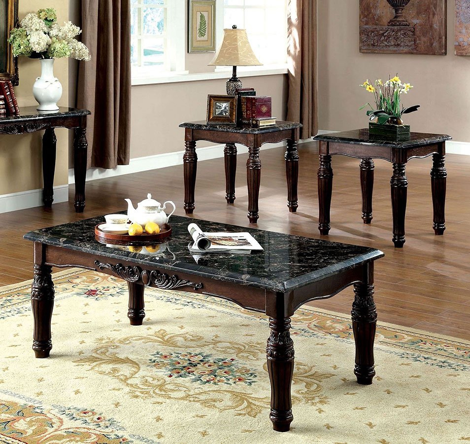 Traditional Espresso Solid Wood 3Pc Tables Set 1X Coffee Table And 2X End Tables Faux Marble Top Living Room Furniture Espresso Espresso Primary Living Space Classic,Luxury,Traditional Rectangular Solid Wood