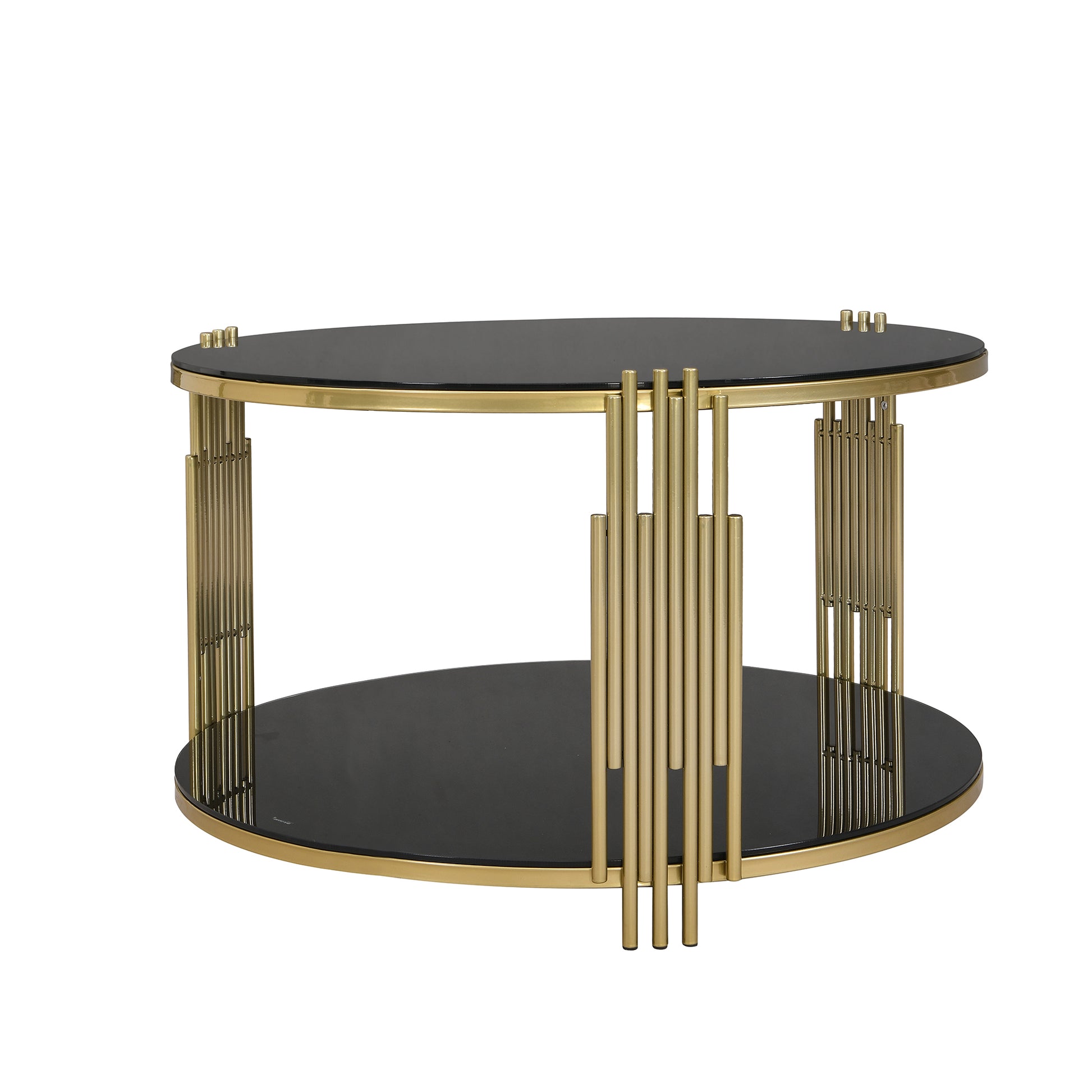 Modern Black Mirror Coffee Table, Asymmetrical Metal, Circular Metal Drum Base, Gold Finish & Lower Shelf Black Tempered Glass