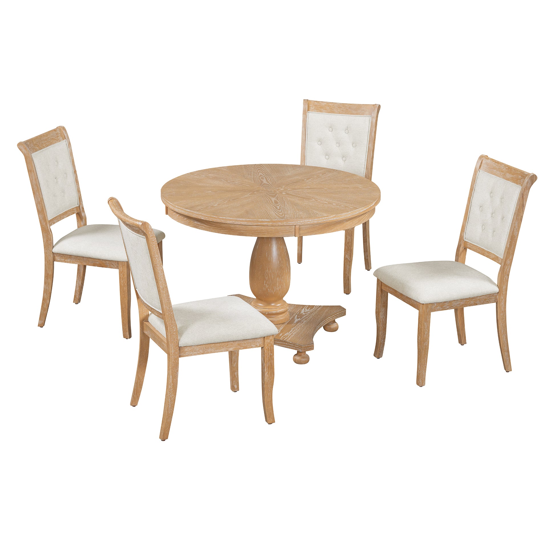 5 Piece Retro Dining Set, Round Table With Pedestal Table Base And 4 Upholstered Chairs For Dining Room And Kitchen Natural Wood Wash Natural Wood Wash Solid Wood Mdf