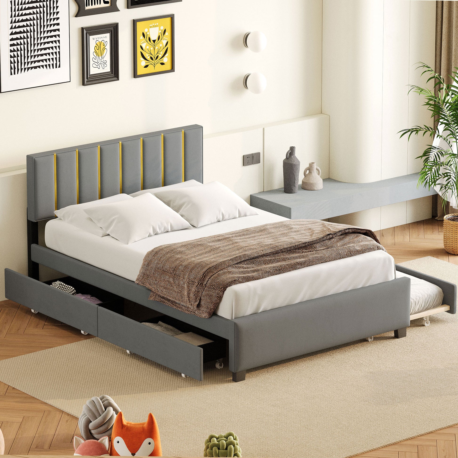 Queen Size Upholstered Platform Bed With 2 Drawers And 1 Trundle, Classic Metal Strip Headboard Design, Grey Queen Gray Mdf Lvl
