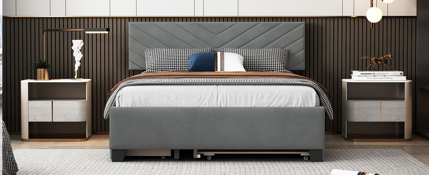 Queen Size Upholstered Platform Bed With Twill Headboard, Pullout Bed And Two Drawers, Flannel,Gray Queen Gray Mdf Lvl