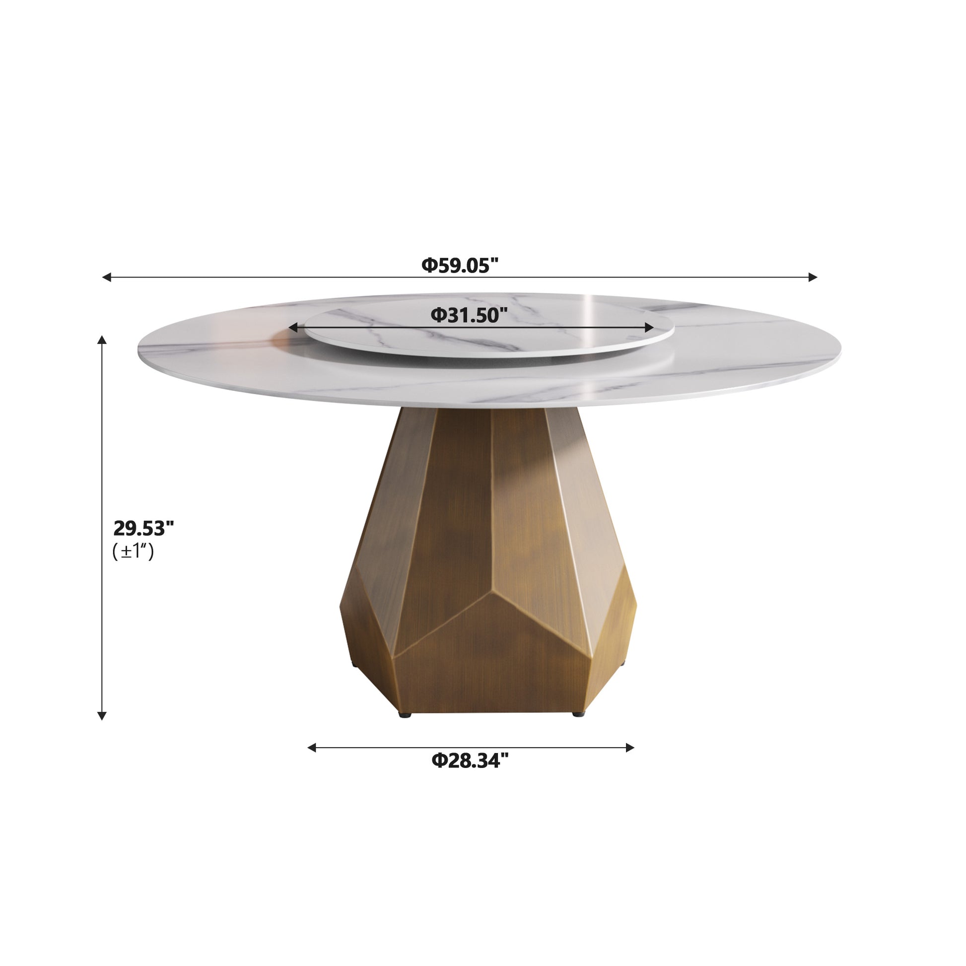 59.05" Round Marble Dining Table With Metal Base, Artificial Marble For 6 8 People, 31.5"White Artificial Stone Turntable,White Dining Table Only Antique Brass,White Metal Marble