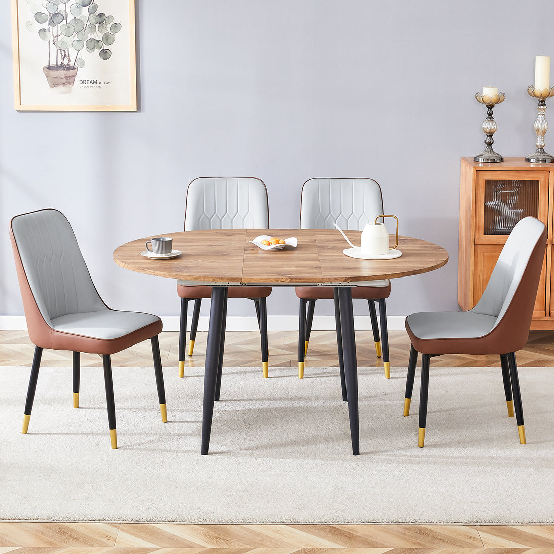 Table And Chair Set.Modern Extendable Wood Mdf Dining Table.The Table Has A Telescopic Design, Suitable For Gatherings Of Different Size.Paired With 4 Chairs With Pu Cushions And Black Metal Legs. Brown,Wood Seats 4 Mdf Metal