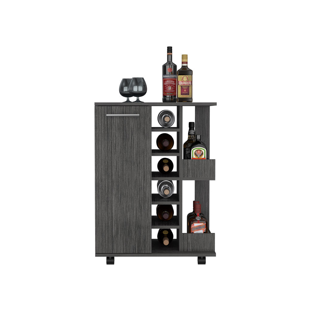 Bar Cart, Four Casters, Single Door Cabinet, Two External Shelves, Smokey Oak Gray Particle Board Particle Board